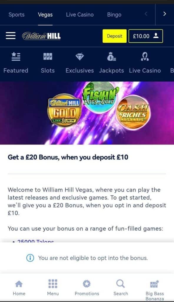 To claim the sports welcome offer, opt in to the Vegas Bonus via the promotion page. Next, play through the £20 Vegas Bonus, with a 30x wagering requirement, before you place your qualifying bet of £10 with odds of 1/2 or greater on any sportsbook market.