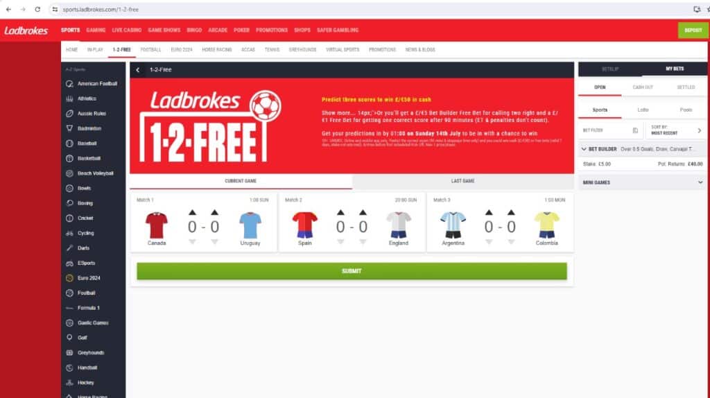 1-2-FREE is a Ladbrokes exclusive that can be used on the app and website. All you need to do for this free-to-play game is predict three scores to win £100. Each week, Ladbrokes will choose three of the most popular football games, and you only need to predict each score.