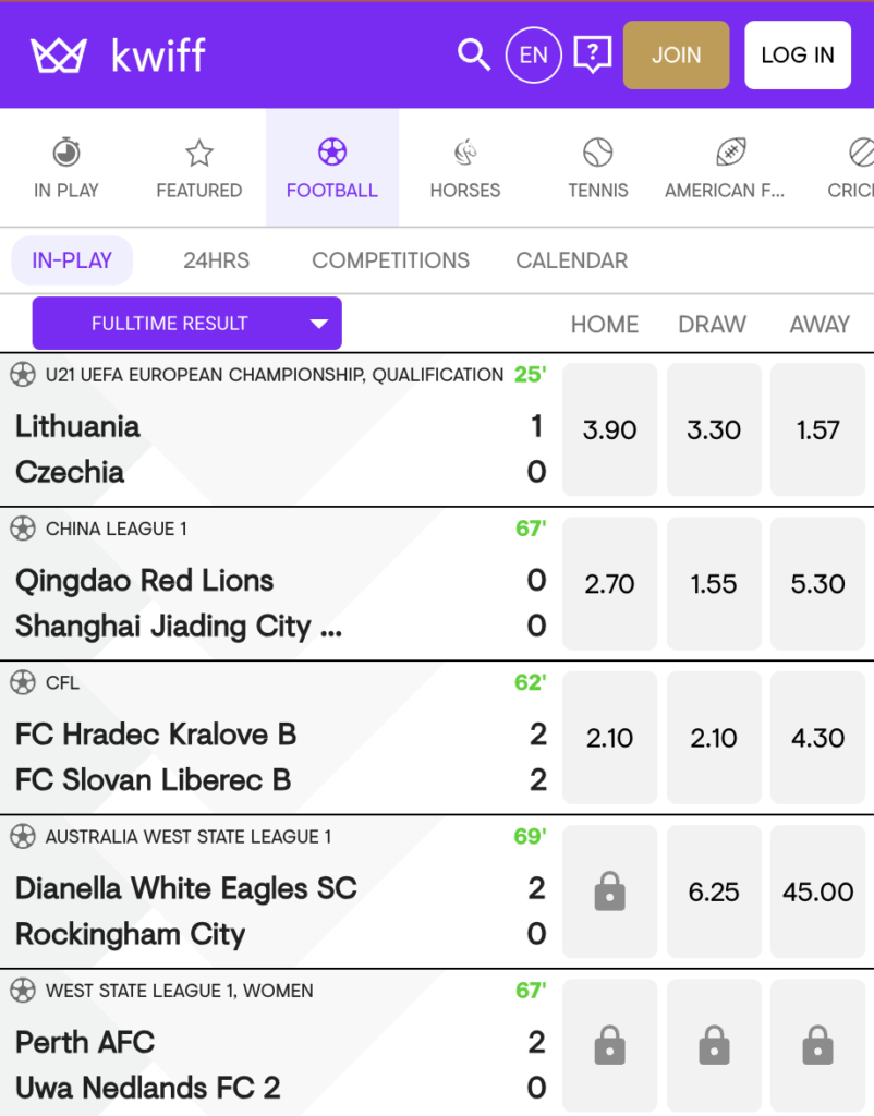 Kwiff sports betting markets