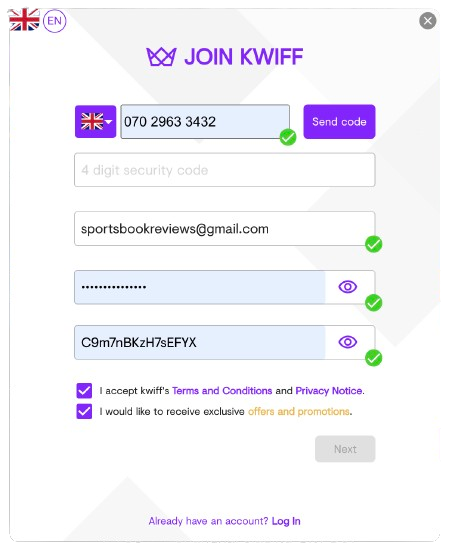 Kwiff registration