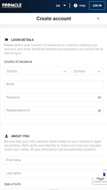 How to create an account with the Pinnacle promo code BETMAX - Step 2