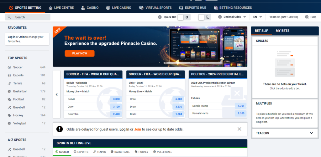 pinnacle sports betting homepage