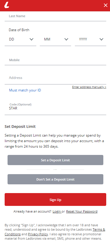 Signing up on Ladbrokes Australia wit the code STAR