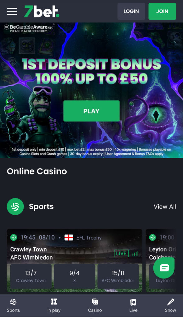 Image of the 7Bet mobile site and sign up offer.