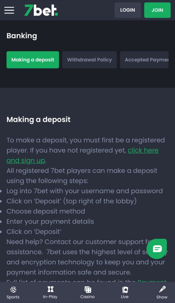 7Bet deposit details