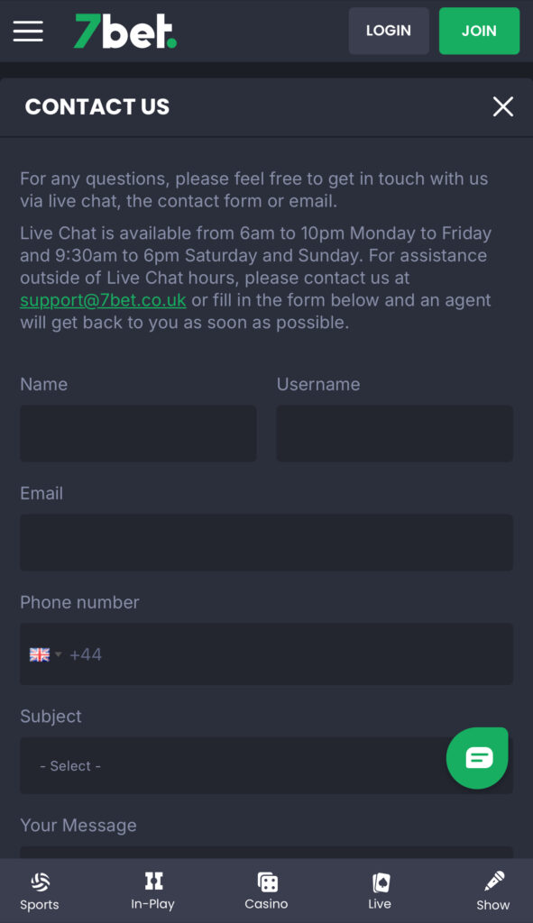 Image of the 7Bet customer support form.