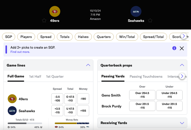 Image of the odds for the upcoming 49ers vs. Seahawks Thursday Night Football game.