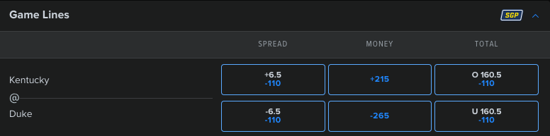 Image of the Duke vs Kentucky Nov 12 spread at FanDuel.