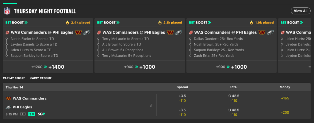 Image of the Bet365 odds and betting options for the Eagles vs. Commanders Thursday Night Football game.